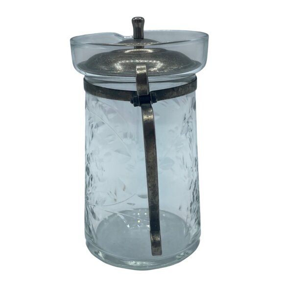 Antique Glass Syrup Pitcher With Floral Etch Silver plate Lid Handle - Picture 2 of 10